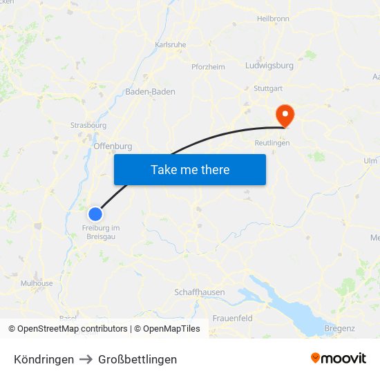 Köndringen to Großbettlingen map