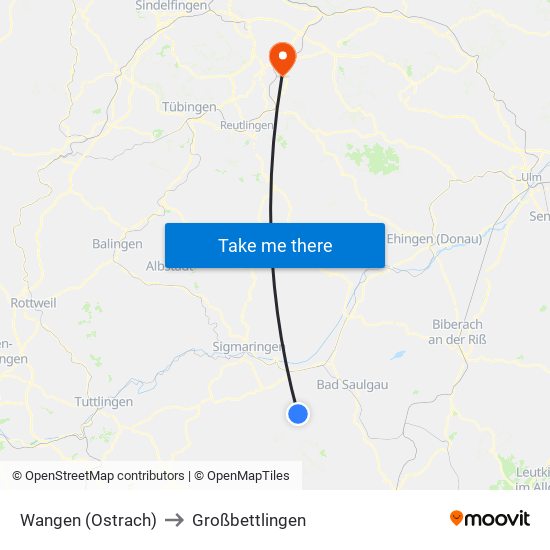 Wangen (Ostrach) to Großbettlingen map