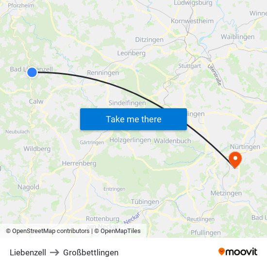 Liebenzell to Großbettlingen map