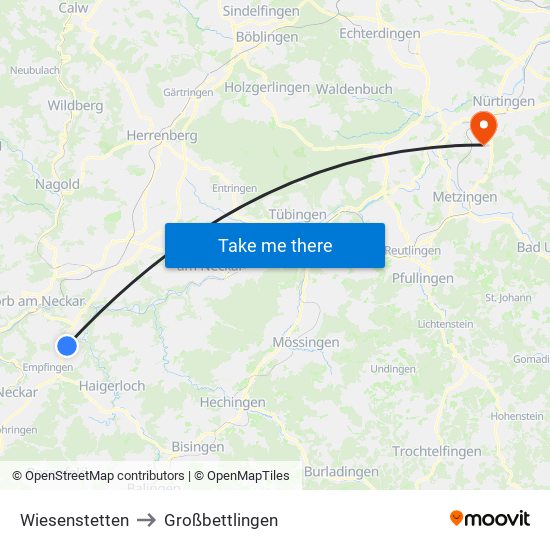 Wiesenstetten to Großbettlingen map