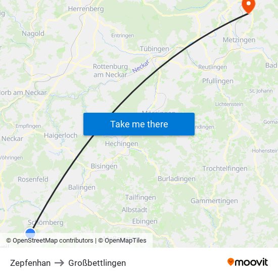 Zepfenhan to Großbettlingen map
