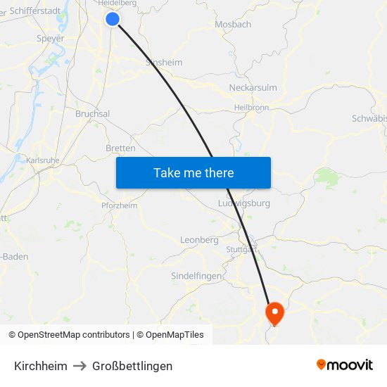 Kirchheim to Großbettlingen map