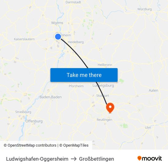Ludwigshafen-Oggersheim to Großbettlingen map