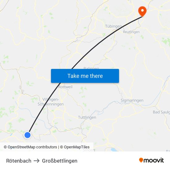 Rötenbach to Großbettlingen map