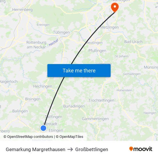 Gemarkung Margrethausen to Großbettlingen map