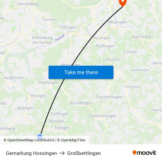 Gemarkung Hossingen to Großbettlingen map