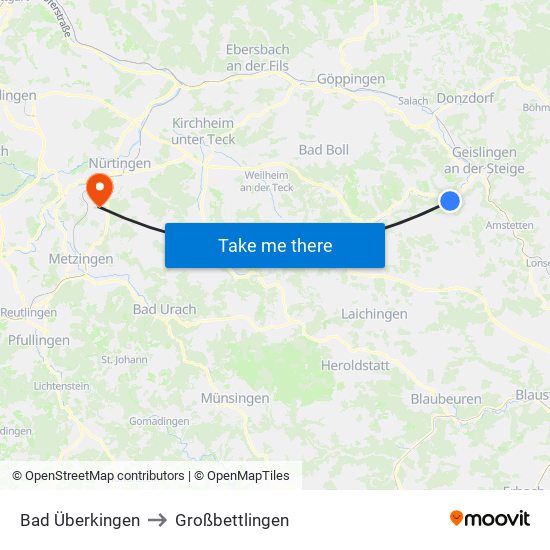 Bad Überkingen to Großbettlingen map