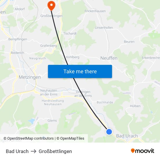 Bad Urach to Großbettlingen map