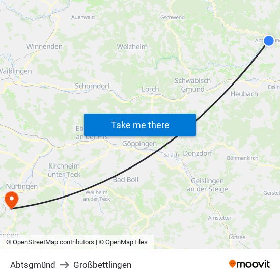 Abtsgmünd to Großbettlingen map