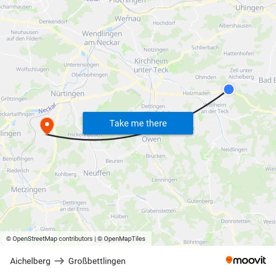 Aichelberg to Großbettlingen map