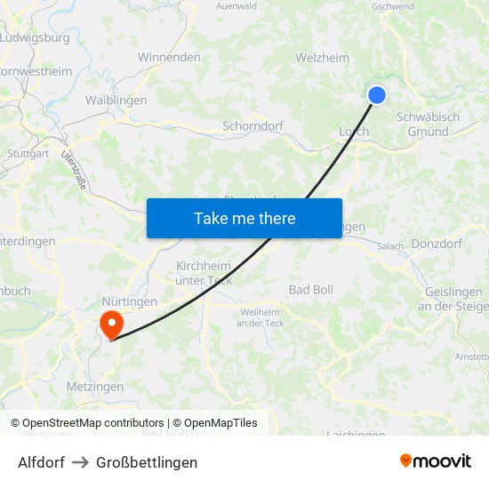 Alfdorf to Großbettlingen map