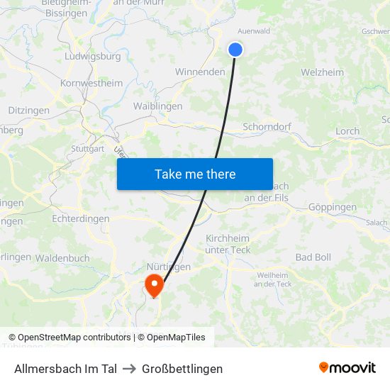 Allmersbach Im Tal to Großbettlingen map