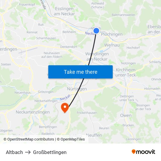 Altbach to Großbettlingen map