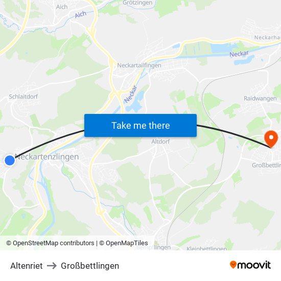 Altenriet to Großbettlingen map