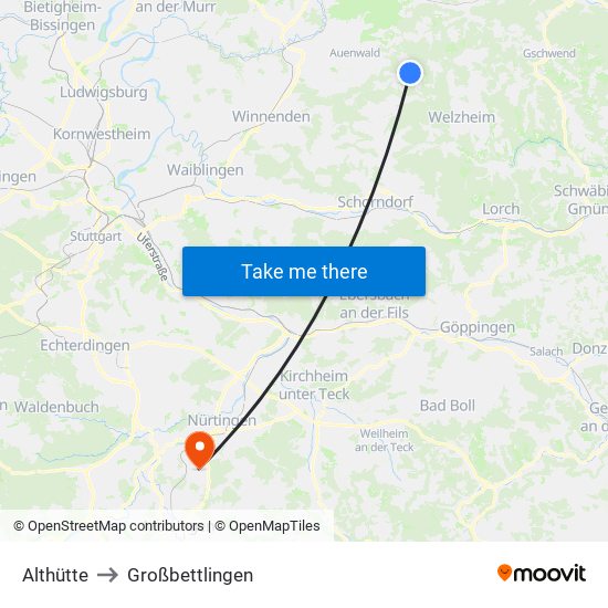 Althütte to Großbettlingen map