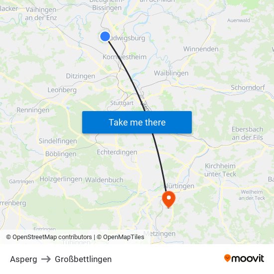 Asperg to Großbettlingen map