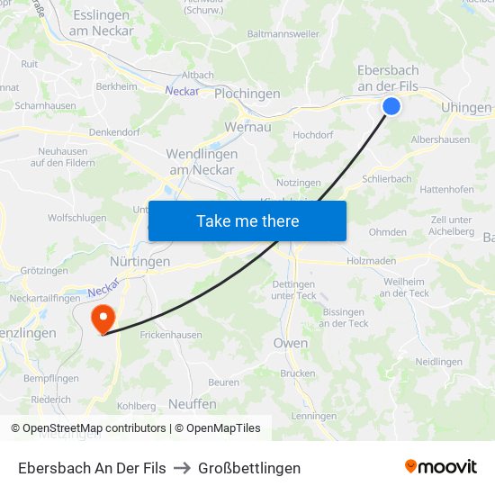Ebersbach An Der Fils to Großbettlingen map