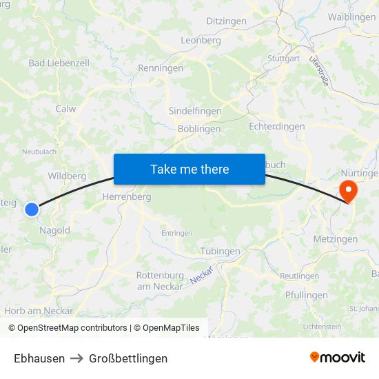 Ebhausen to Großbettlingen map