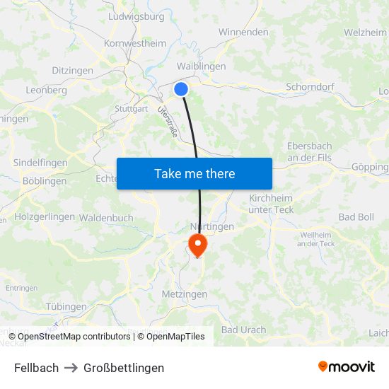 Fellbach to Großbettlingen map