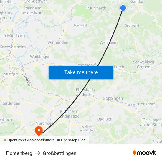 Fichtenberg to Großbettlingen map