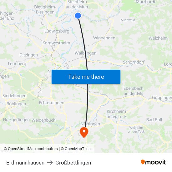 Erdmannhausen to Großbettlingen map