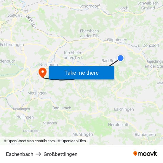 Eschenbach to Großbettlingen map