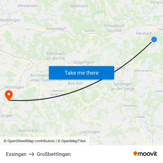 Essingen to Großbettlingen map