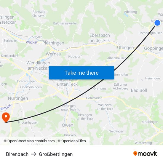 Birenbach to Großbettlingen map