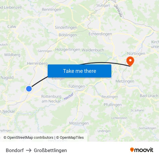 Bondorf to Großbettlingen map