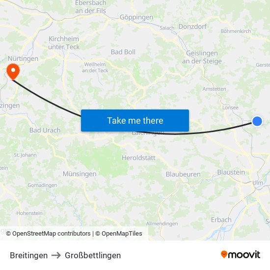 Breitingen to Großbettlingen map