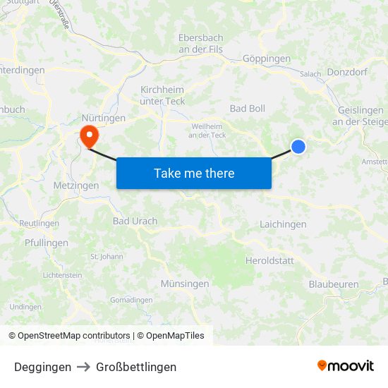 Deggingen to Großbettlingen map