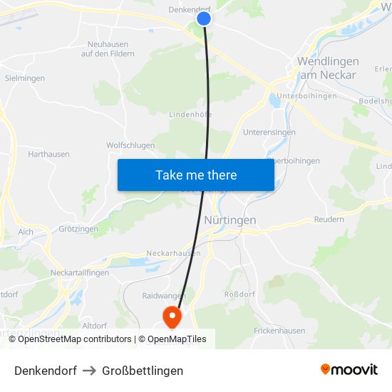 Denkendorf to Großbettlingen map