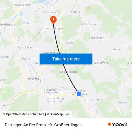 Dettingen An Der Erms to Großbettlingen map