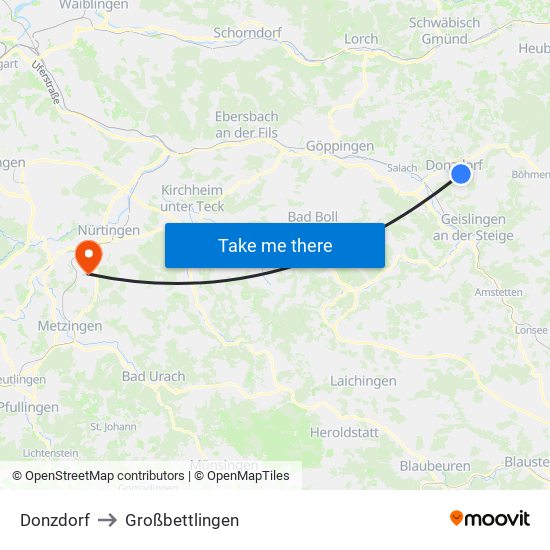 Donzdorf to Großbettlingen map