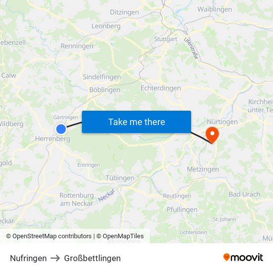 Nufringen to Großbettlingen map