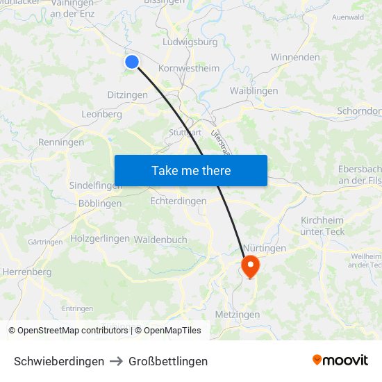 Schwieberdingen to Großbettlingen map