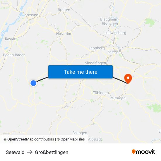 Seewald to Großbettlingen map