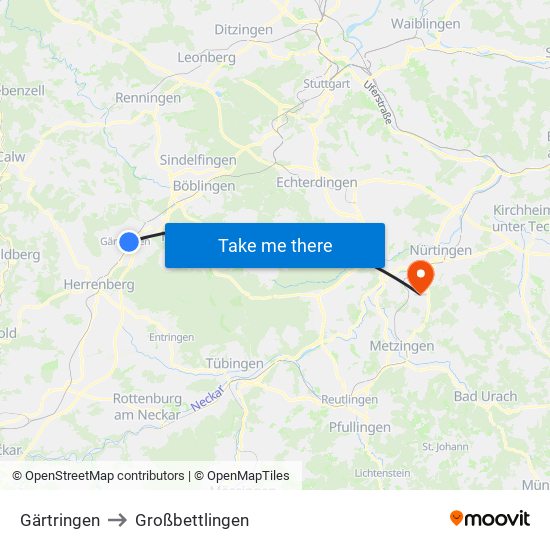 Gärtringen to Großbettlingen map