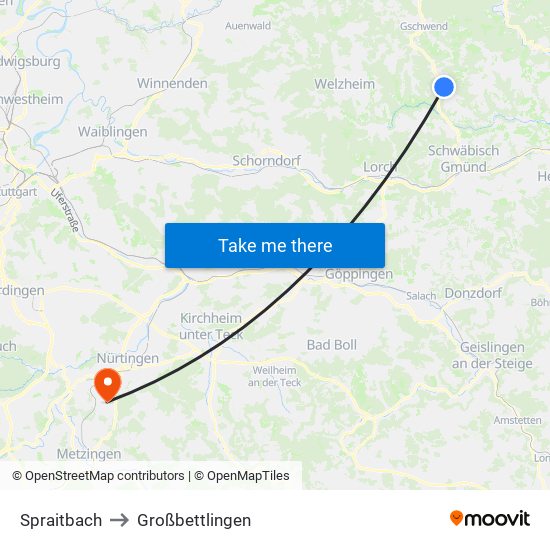 Spraitbach to Großbettlingen map