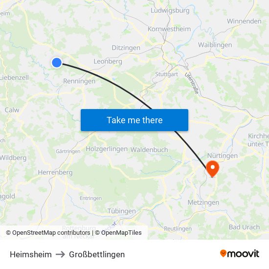 Heimsheim to Großbettlingen map