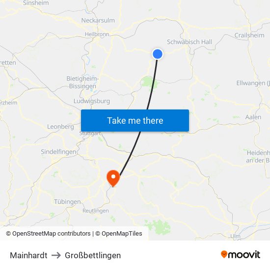 Mainhardt to Großbettlingen map