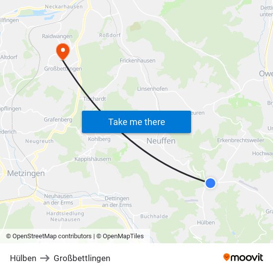Hülben to Großbettlingen map