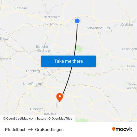 Pfedelbach to Großbettlingen map