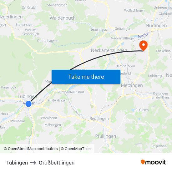 Tübingen to Großbettlingen map