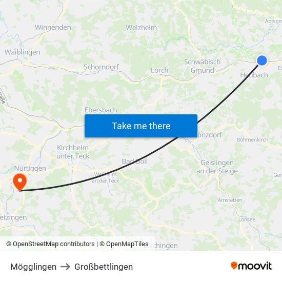 Mögglingen to Großbettlingen map