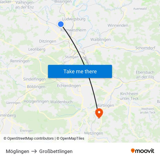 Möglingen to Großbettlingen map