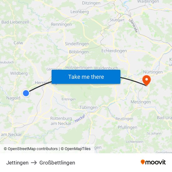 Jettingen to Großbettlingen map