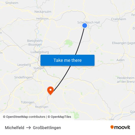 Michelfeld to Großbettlingen map