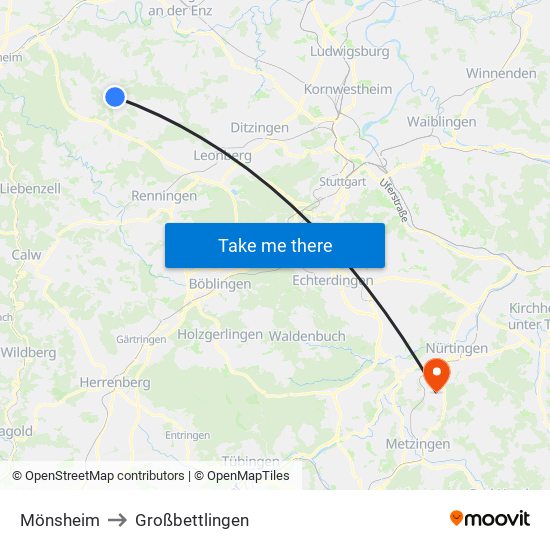 Mönsheim to Großbettlingen map