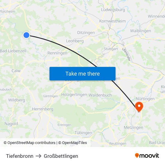 Tiefenbronn to Großbettlingen map